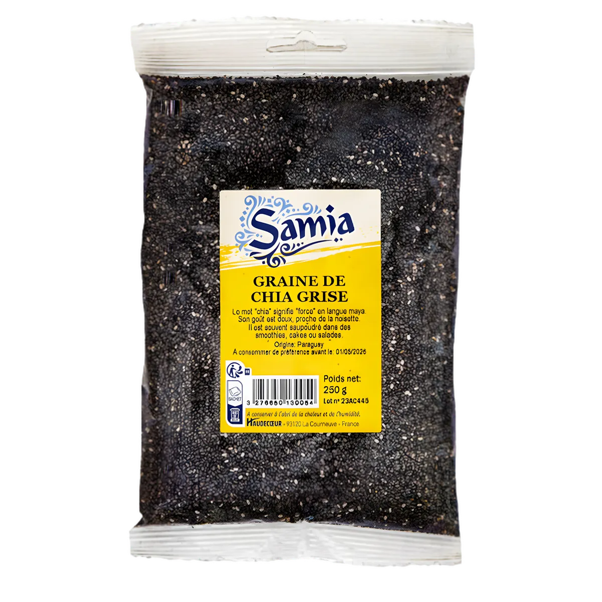 Graines de chia grises SAMIA en sachet de 250g, super-aliment riche en fibres et oméga-3, idéal pour recettes santé et nutrition chia.