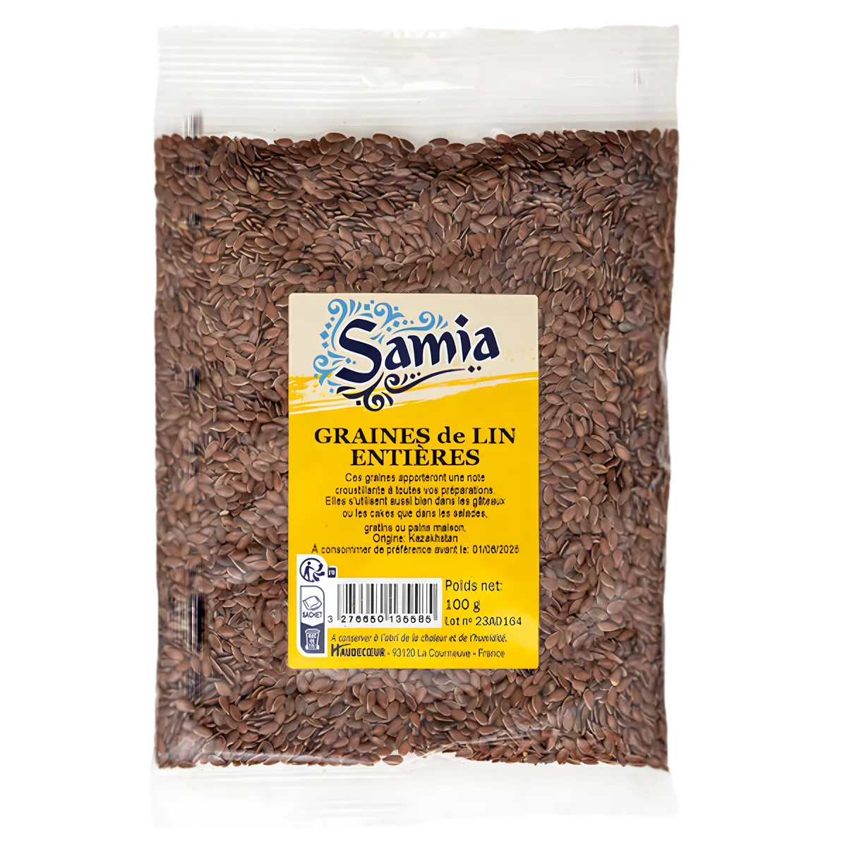 Graines de lin entières SAMIA en sachet de 100g, riches en nutriments, idéales pour recettes saines et épicerie salée.