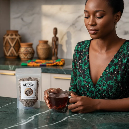 Femme dégustant une infusion de Nep Nep entier, épice africaine NKOSI utilisée pour boissons et bienfaits traditionnels.