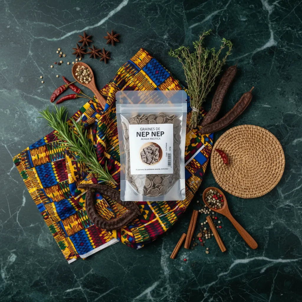 Sachet de Nep Nep entier posé sur tissu africain coloré avec épices, parfait pour plats mijotés et recettes traditionnelles africaines.