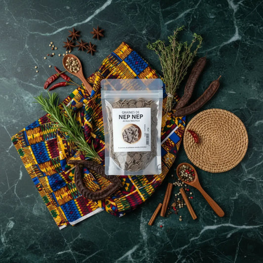 Sachet de Nep Nep entier posé sur tissu africain coloré avec épices, parfait pour plats mijotés et recettes traditionnelles africaines.