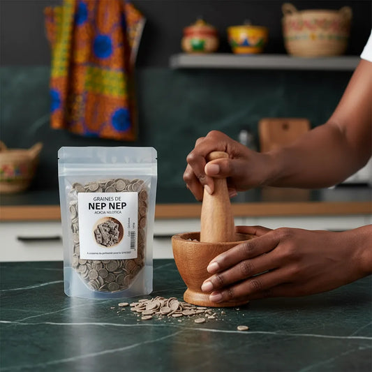 Préparation culinaire avec graines de Nep Nep entier NKOSI écrasées au mortier, épice naturelle pour sauces et soupes africaines.