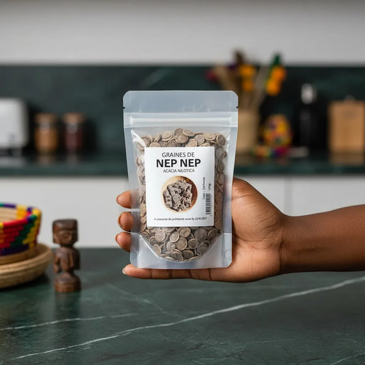 Main tenant un sachet de Nep Nep entier NKOSI, épice africaine 100% naturelle pour cuisine traditionnelle et épicerie salée.