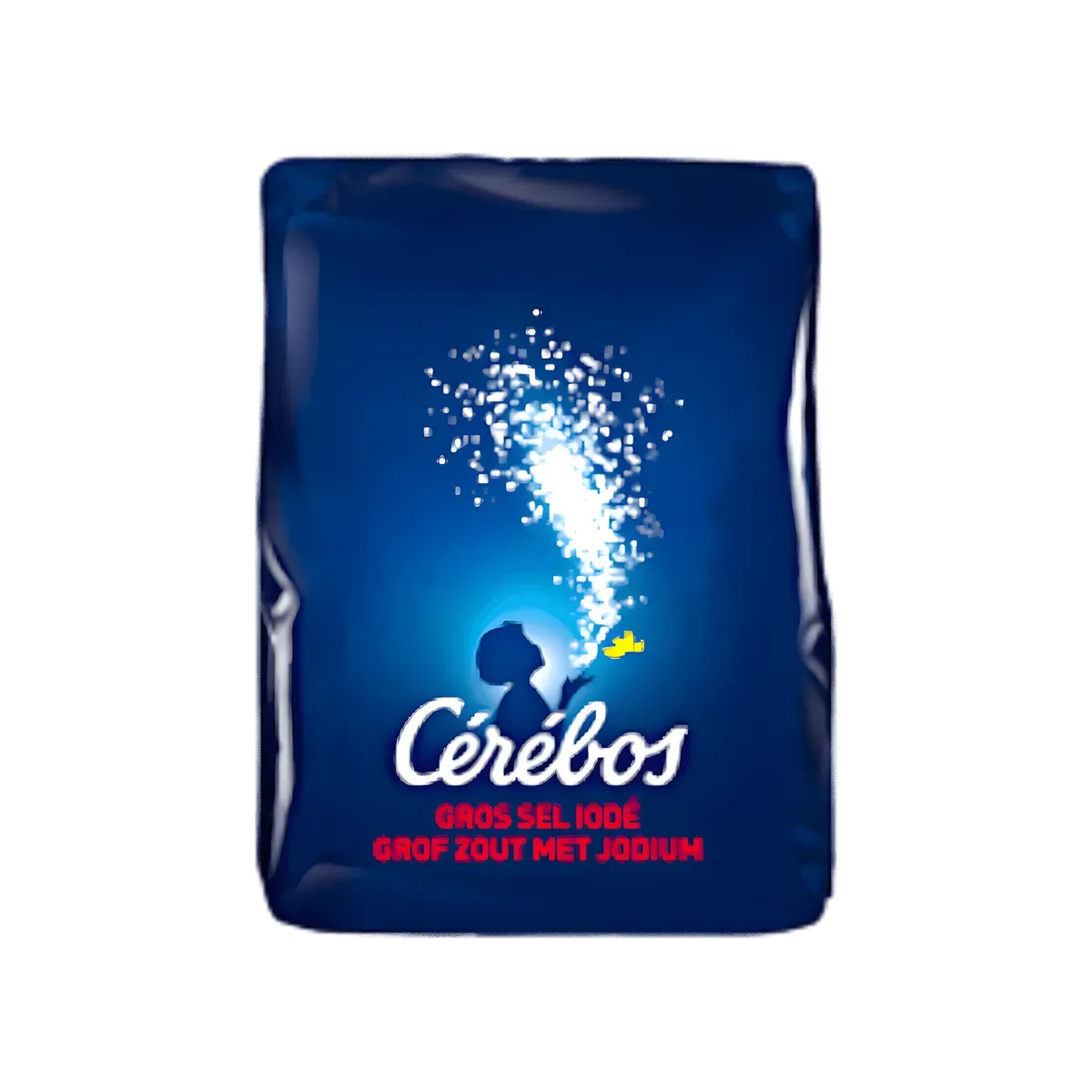 Paquet de gros sel CEREBOS iodé, sel de mer naturel pour marinades et cuisson, emballage bleu avec logo emblématique.