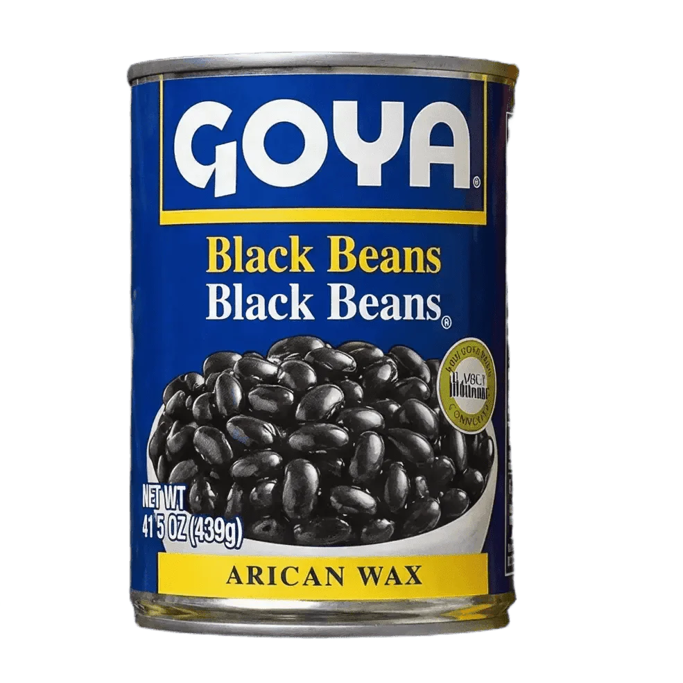 GOYA black bean can on green background: brand, beans, and text clearly visible.