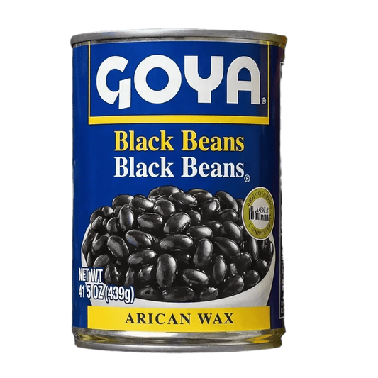GOYA black bean can on green background: brand, beans, and text clearly visible.