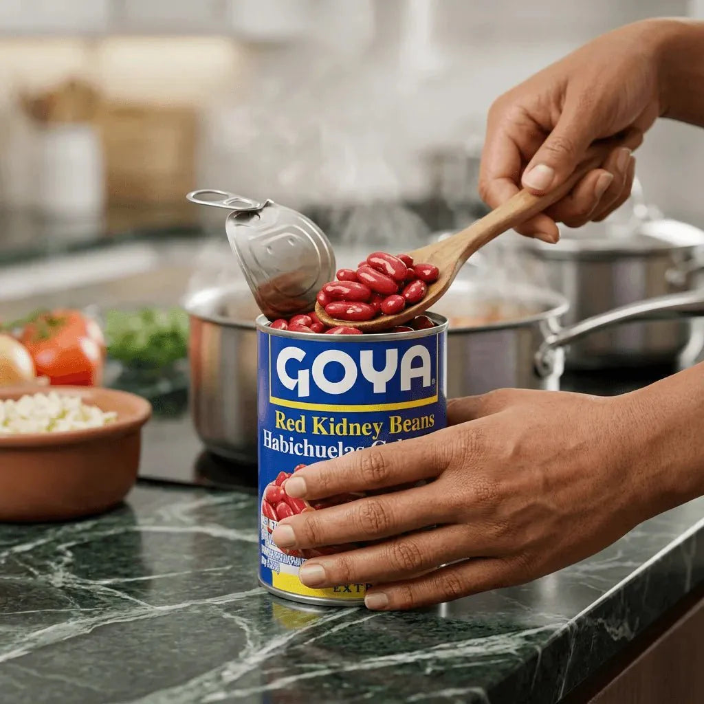 GOYA red beans in a kitchen. A hand holds a spoonful of beans above it.