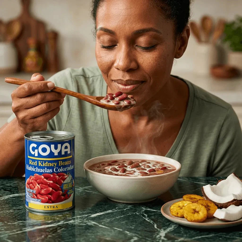 Canned red beans from GOYA, on a table with fried plantains.