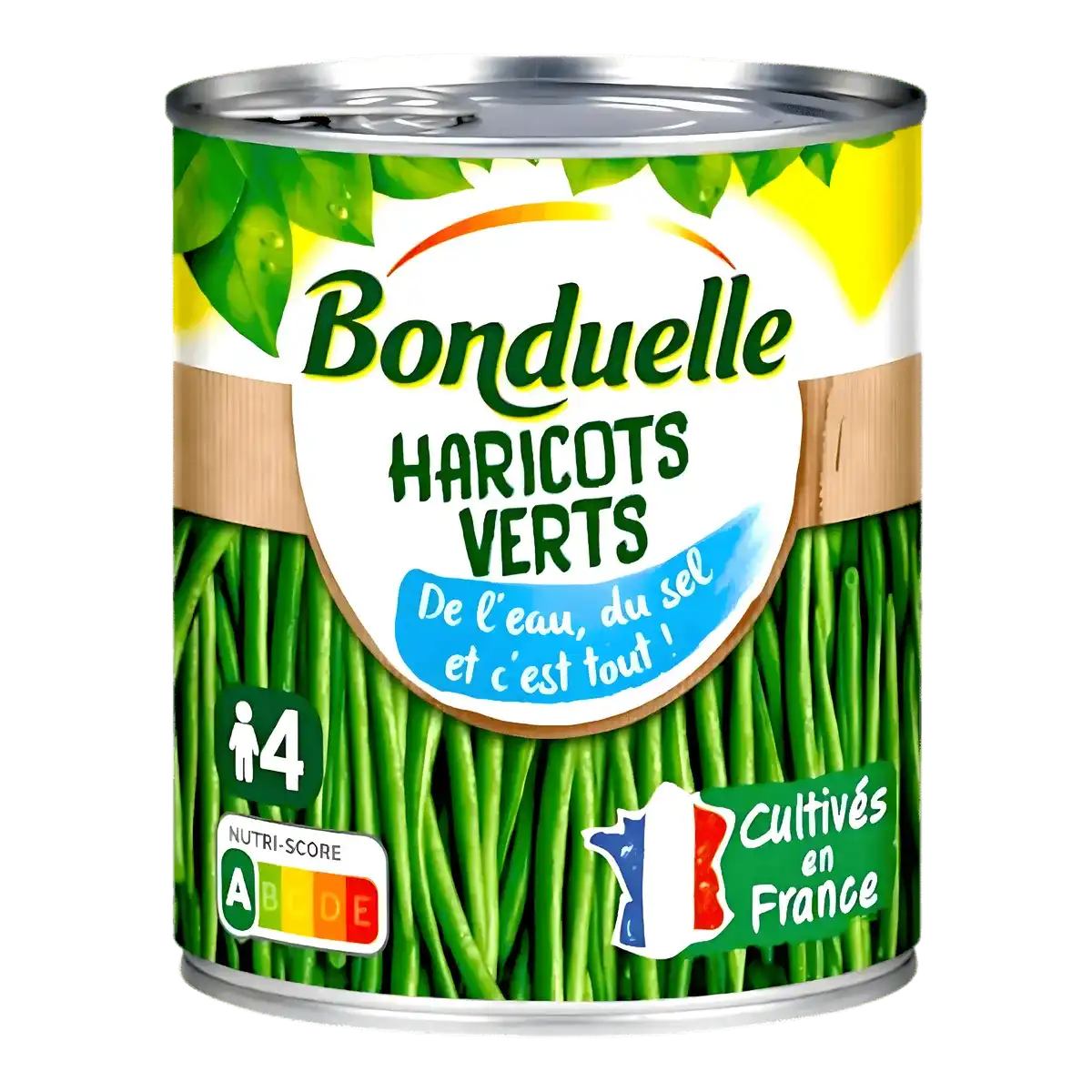Haricot vert BONDUELLE - Haricots verts conserve en boîte 4 parts, cultivés en France, Nutri-Score A, idéal pour l'épicerie salée.