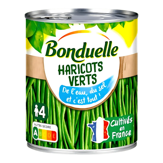 Haricot vert BONDUELLE - Haricots verts conserve en boîte 4 parts, cultivés en France, Nutri-Score A, idéal pour l'épicerie salée.