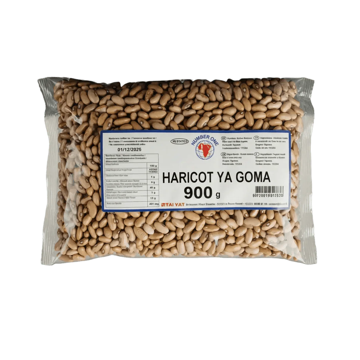 Sealed package of Ya Goma Number One Beans - 900g, close-up on the information label.