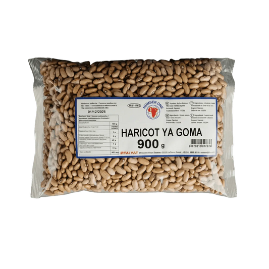 Sealed package of Ya Goma Number One Beans - 900g, close-up on the information label.