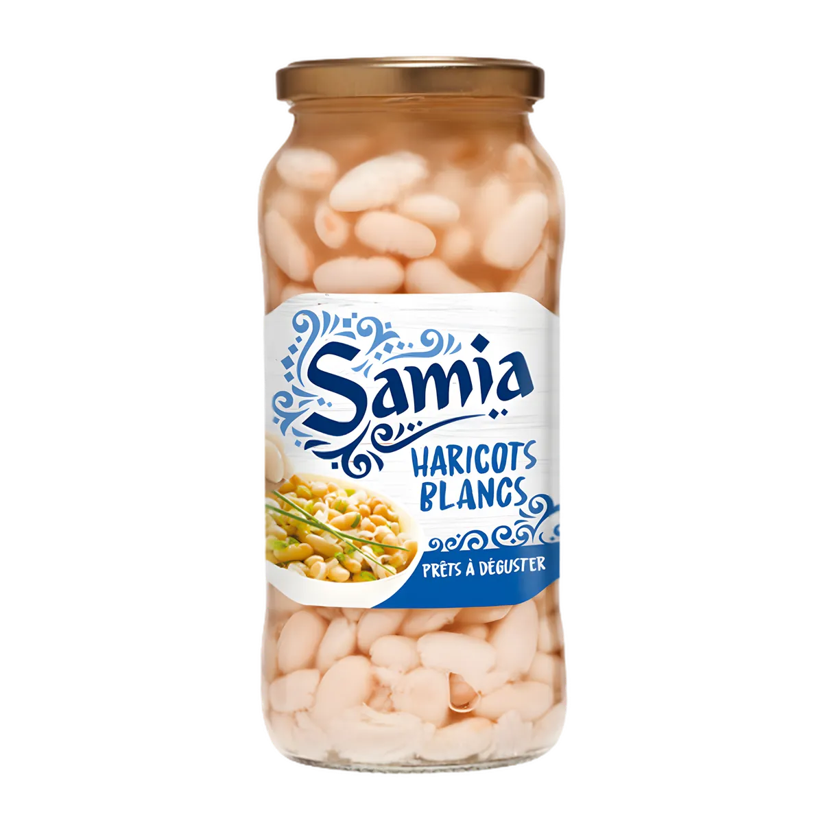 Haricots blancs en bocal SAMIA - ÉPICERIE SALÉE - NKOSI, conservés dans un bocal en verre hermétique pour une utilisation rapide en cuisine.