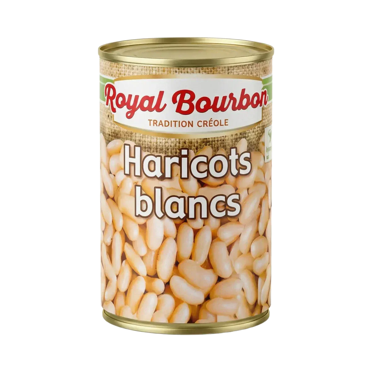 400g Can of ROYAL BOURBON White Beans. Close-up of a can of white beans.