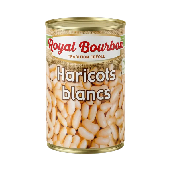 Boîte 400g Haricots Blancs ROYAL BOURBON. Premier plan d'une conserve de haricots blancs.