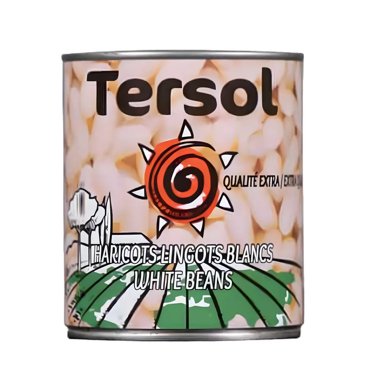 Conserve de haricots blancs TERSOL - Protéines et fibres, idéale pour plats mijotés. Étiquette colorée avec logo soleil et champ stylisé.