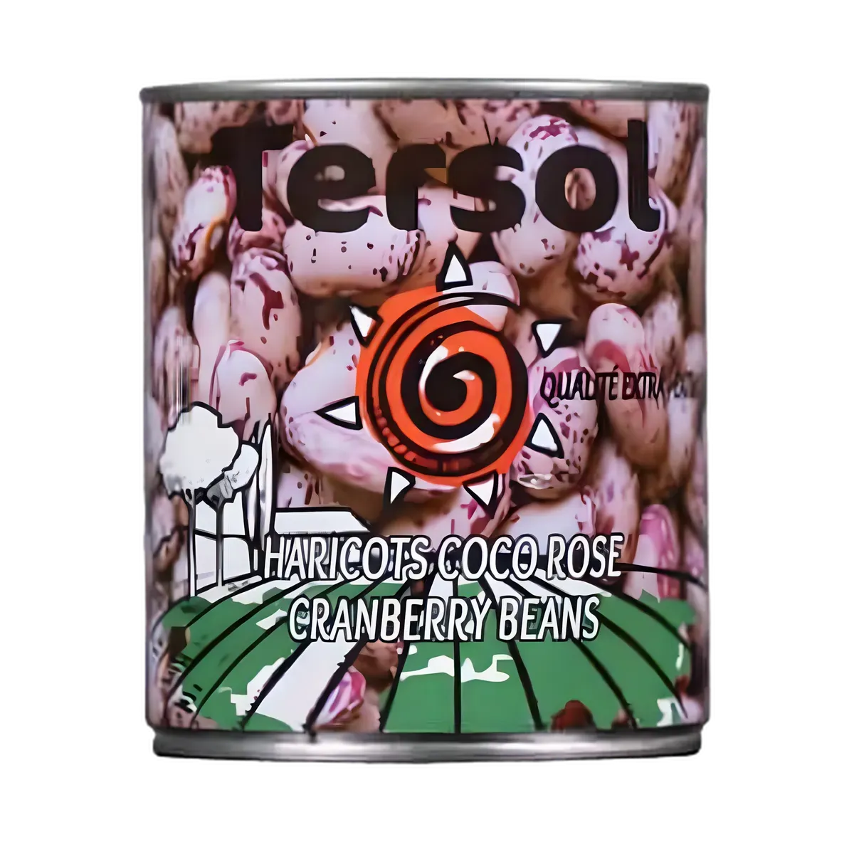 Conserve de haricots cocos roses TERSOL - Nutrition durable, qualité naturelle, étiquette colorée avec haricots visibles en arrière-plan.