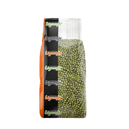 Haricots mungo LEGUMOR - Protéines | Riches en fibres, emballage transparent de haricots secs verts pour épicerie salée et cuisine saine.