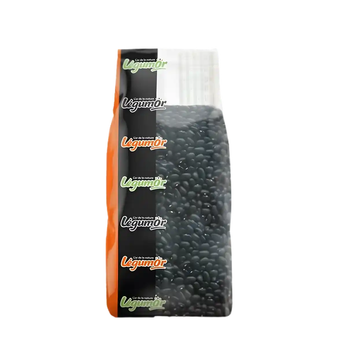 Haricots noirs coco LEGUMOR en sachet transparent, riches en nutriments et parfaits pour l'épicerie salée. Texture crémeuse idéale en cuisine.
