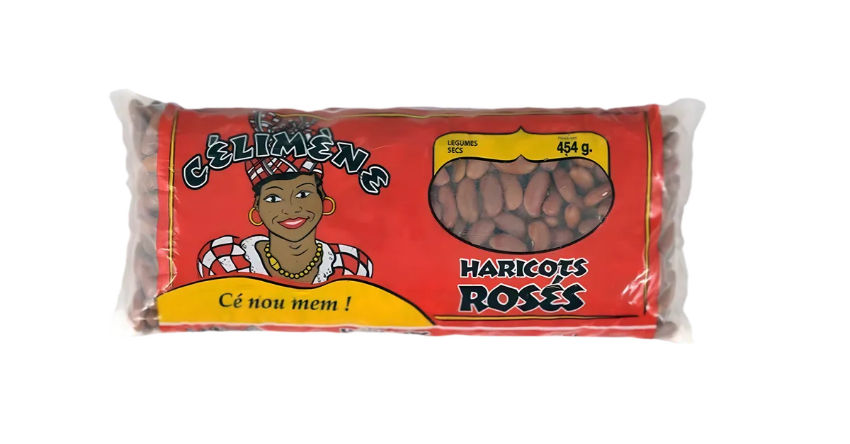 Haricots rosés Célimène - Légumineuses polyvalentes en sachet de 454g, emballage rouge avec illustration africaine, idéal pour épicerie salée.