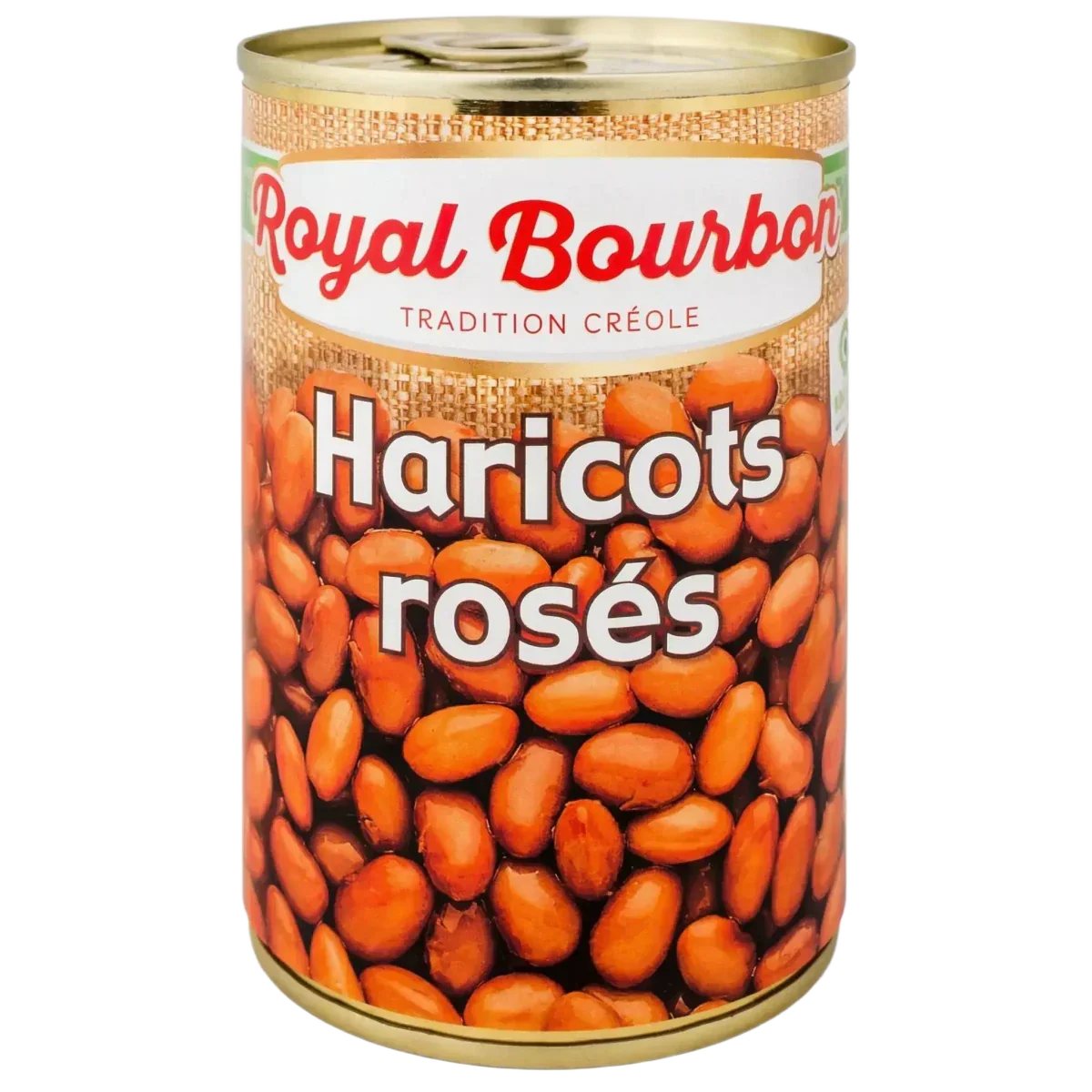 Can of ROYAL BOURBON pink beans (400g) on a black background. The label shows beans.