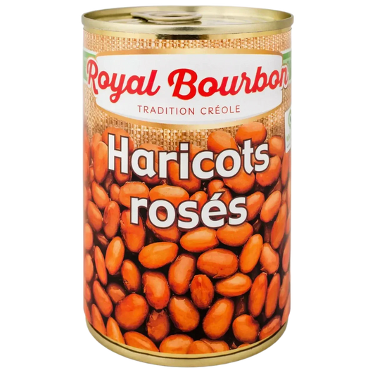 Can of ROYAL BOURBON pink beans (400g) on a black background. The label shows beans.