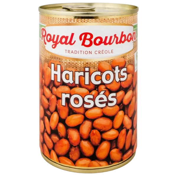 Can of ROYAL BOURBON pink beans (400g) on a black background. The label shows beans.