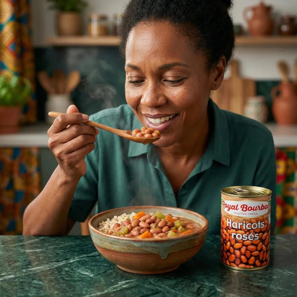 Une femme déguste des haricots rosés ROYAL BOURBON (400g) près d'un bol fumant, en cuisine.