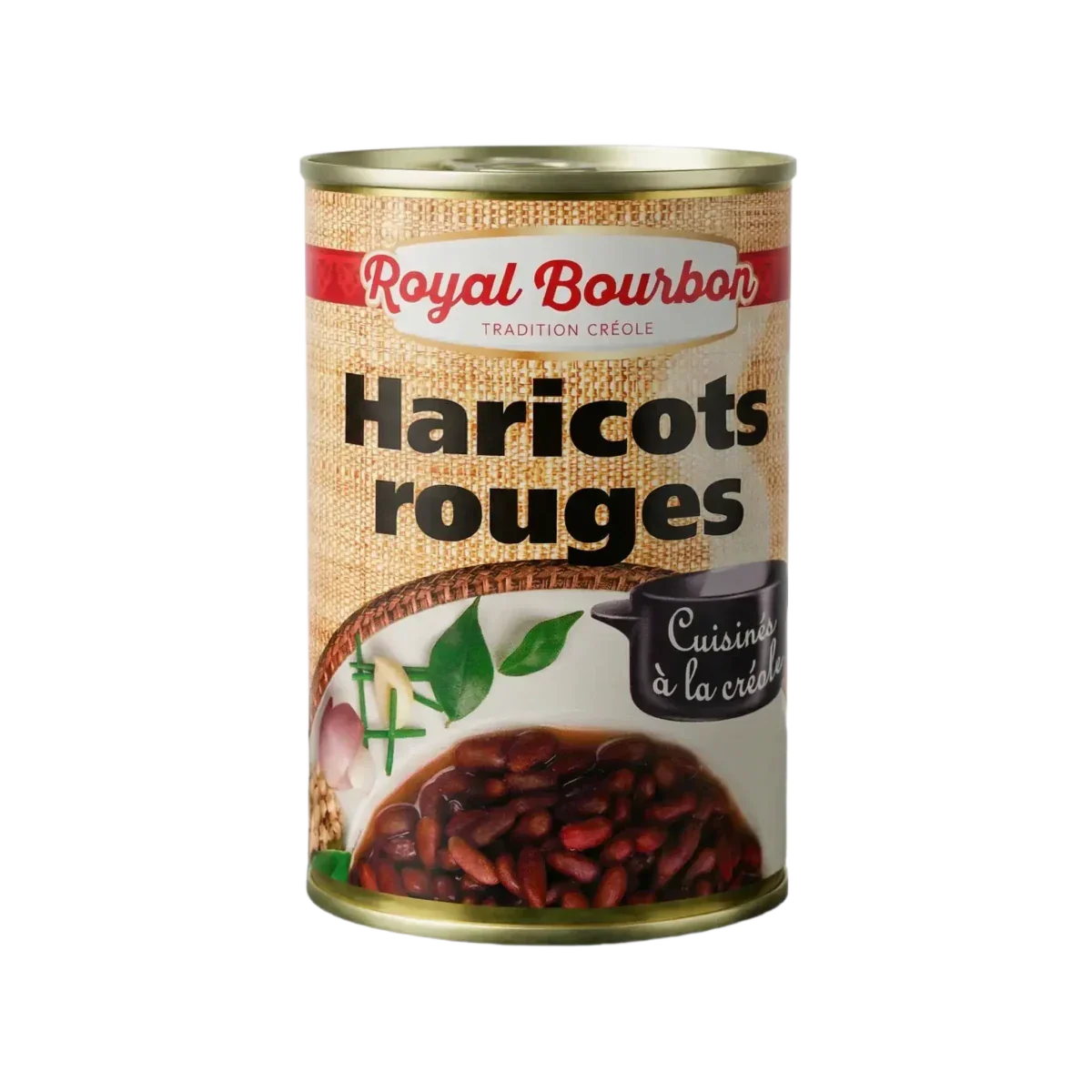 ROYAL BOURBON red bean can, Creole tradition. Culinary presentation on the label.