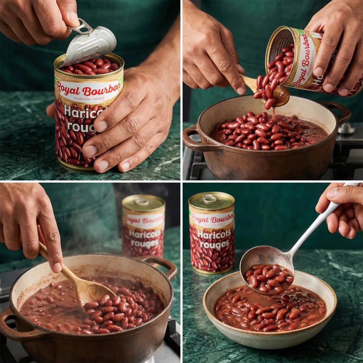 Haricots rouges ROYAL BOURBON : ouverture de la conserve, cuisson en cocotte, service à l'assiette.
