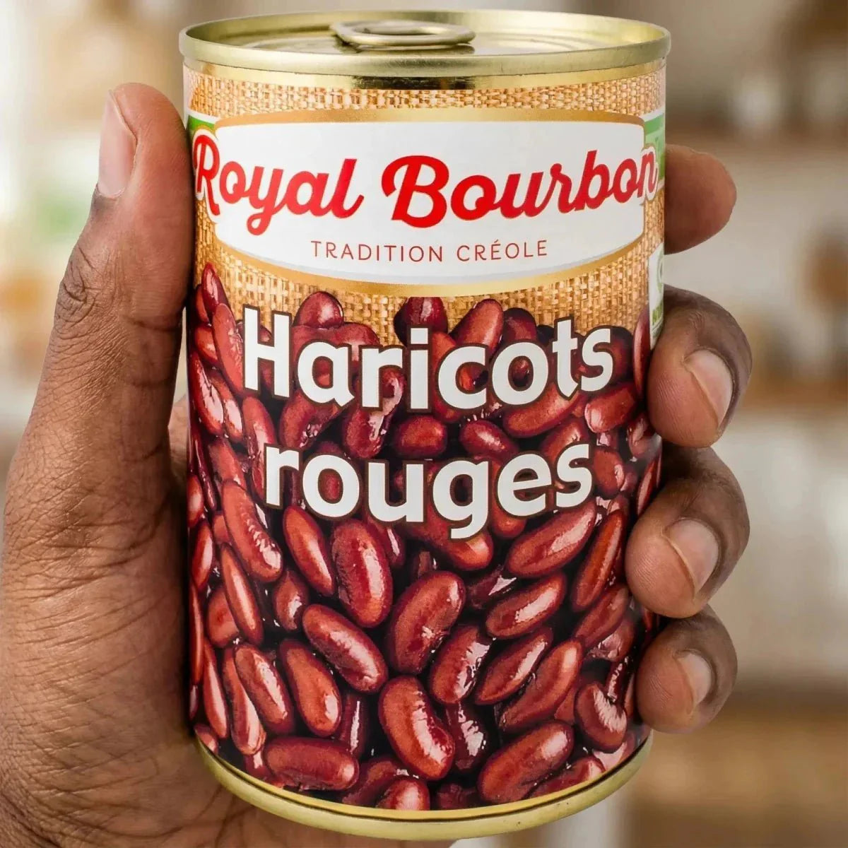 Boîte de haricots rouges par Royal Bourbon, avec image de haricots rouges sur l'étiquette.
