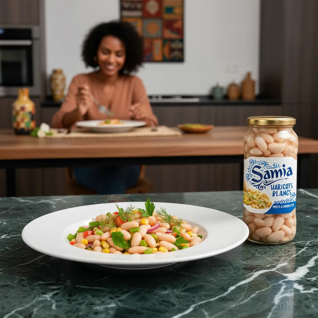 Haricots blancs en bocal SAMIA servis dans une salade colorée, idéals pour une cuisine saine et rapide en épicerie salée.