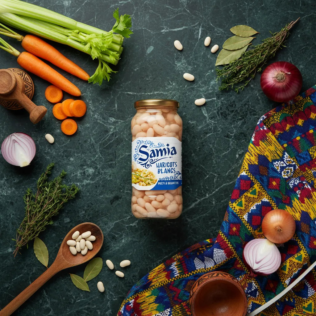 Bocal de haricots blancs SAMIA entouré de légumes frais, parfait pour des plats équilibrés et savoureux d'épicerie salée.