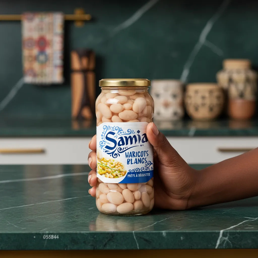 Main tenant un bocal de haricots blancs SAMIA sur un plan de travail, produit pratique et prêt à l'emploi en épicerie salée.