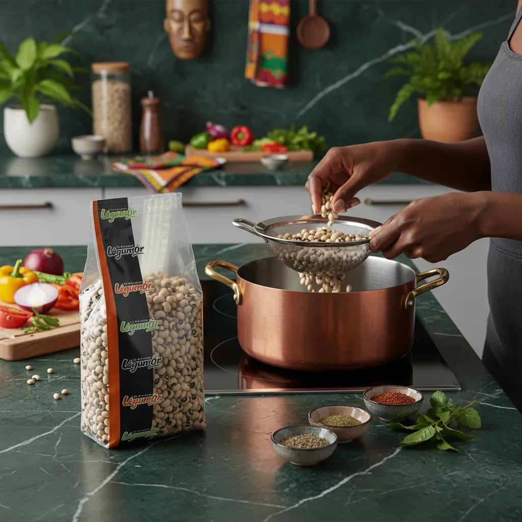 Préparation culinaire avec haricots secs Cornilles LEGUMOR versés dans une casserole, accompagnés d'épices et légumes frais en cuisine.