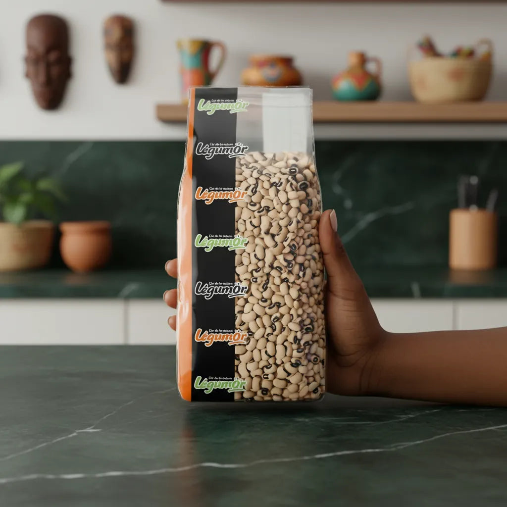 Main tenant un sachet de haricots secs Cornilles LEGUMOR, pois à œil noir de qualité, sur fond de cuisine chaleureuse et naturelle.