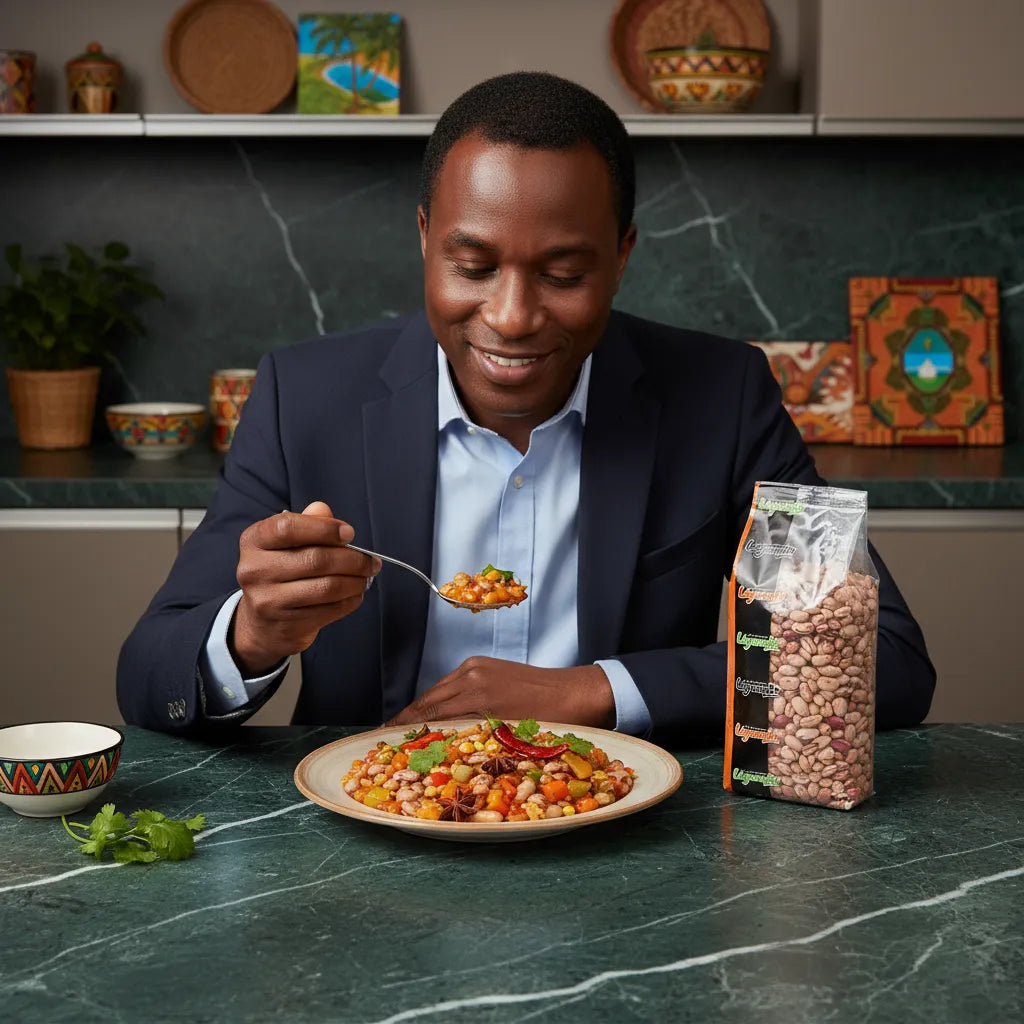 Homme dégustant un plat à base de Cocos roses LEGUMOR, légumineuse savoureuse et nutritive pour repas équilibrés.