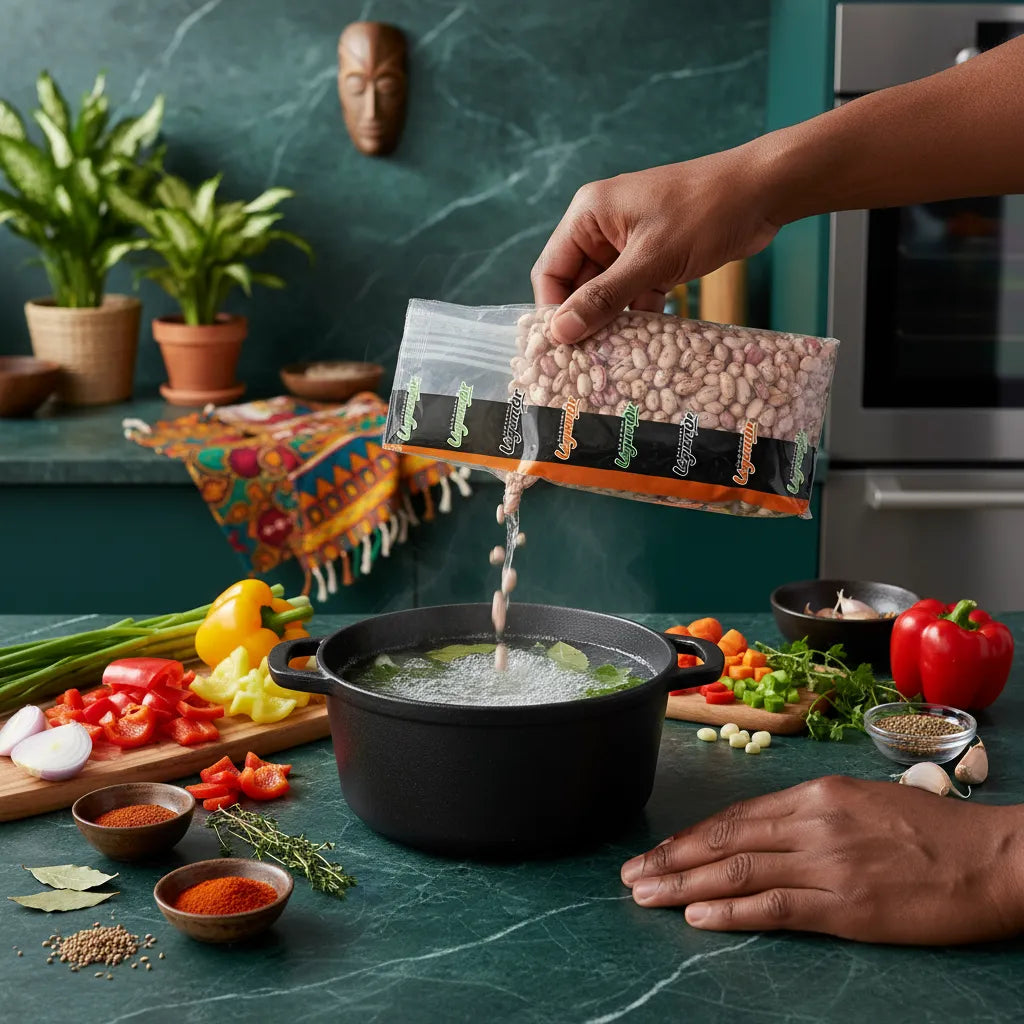 Préparation culinaire avec Cocos roses LEGUMOR versés dans une marmite, parfaits pour plats sains et riches en protéines végétales.