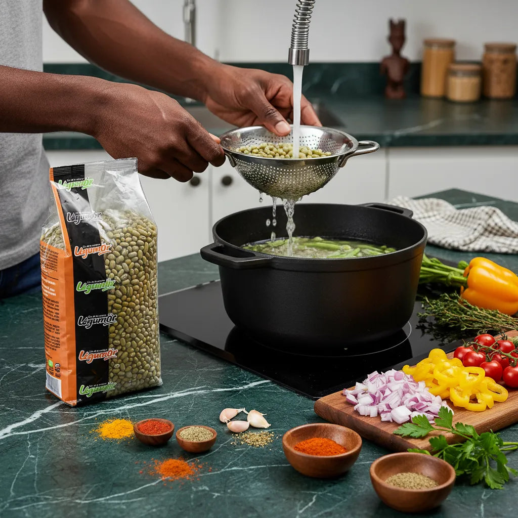 Préparation culinaire avec flageolet vert LEGUMOR rincé avant cuisson. Parfait pour enrichir vos recettes avec sa texture tendre et goût subtil.