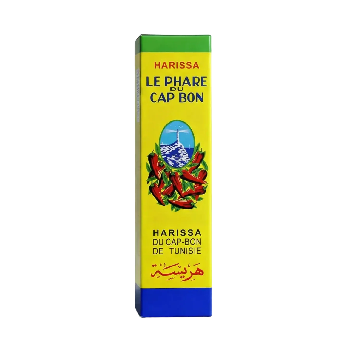 Harissa en tube PHARE DU CAP BON, 70g. Emballage jaune et bleu avec image de phare.