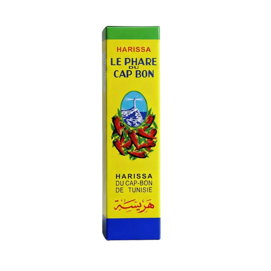 Harissa en tube PHARE DU CAP BON, 70g. Emballage jaune et bleu avec image de phare.