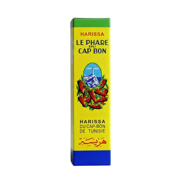 Harissa en tube PHARE DU CAP BON, 70g. Emballage jaune et bleu avec image de phare.