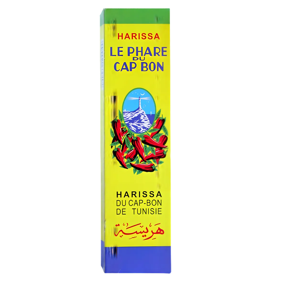 Harissa en tube Phare du Cap Bon - Pâte de piment savoureuse dans un emballage jaune avec illustration de piments rouges, idéale pour relever vos plats.