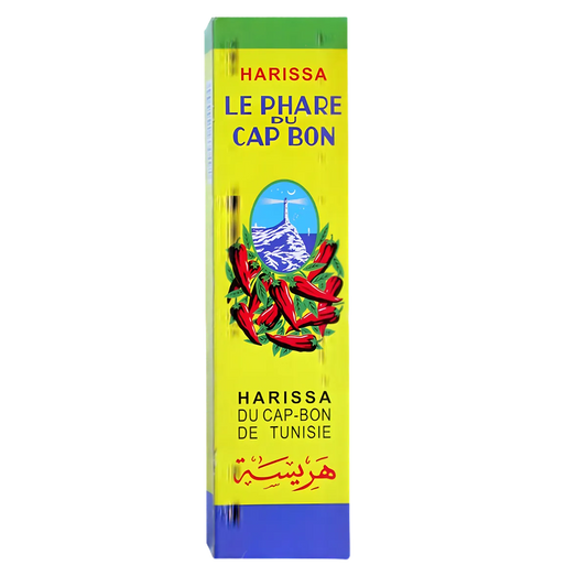 Harissa en tube Phare du Cap Bon - Pâte de piment savoureuse dans un emballage jaune avec illustration de piments rouges, idéale pour relever vos plats.