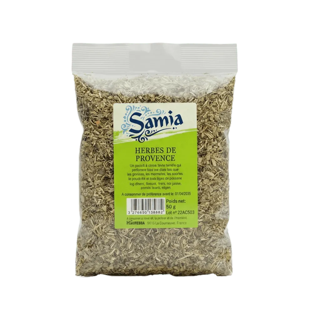 Sachet d'Herbes de Provence SAMIA, 50g. Le sachet est rempli d'herbes séchées.