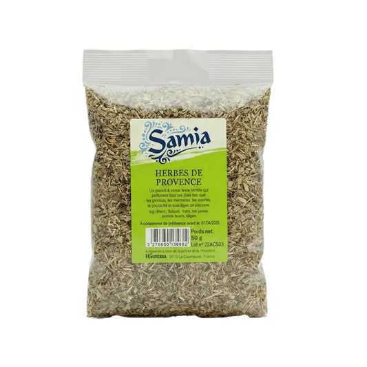 Sachet d'Herbes de Provence SAMIA, 50g. Le sachet est rempli d'herbes séchées.
