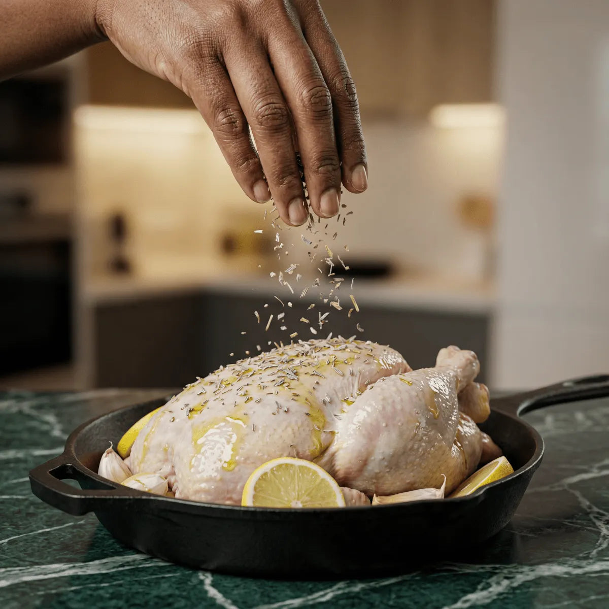 SAMIA, Herbes de Provence : une main saupoudre un poulet cru aux citrons.