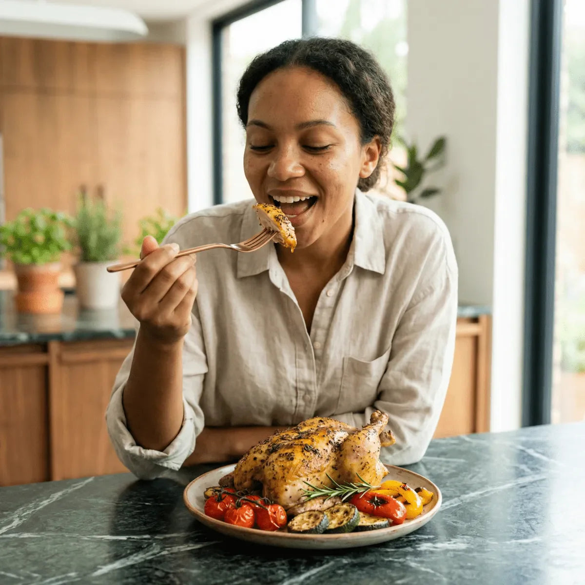 Une femme déguste un poulet rôti aux Herbes de Provence SAMIA. Plat de légumes en accompagnement.