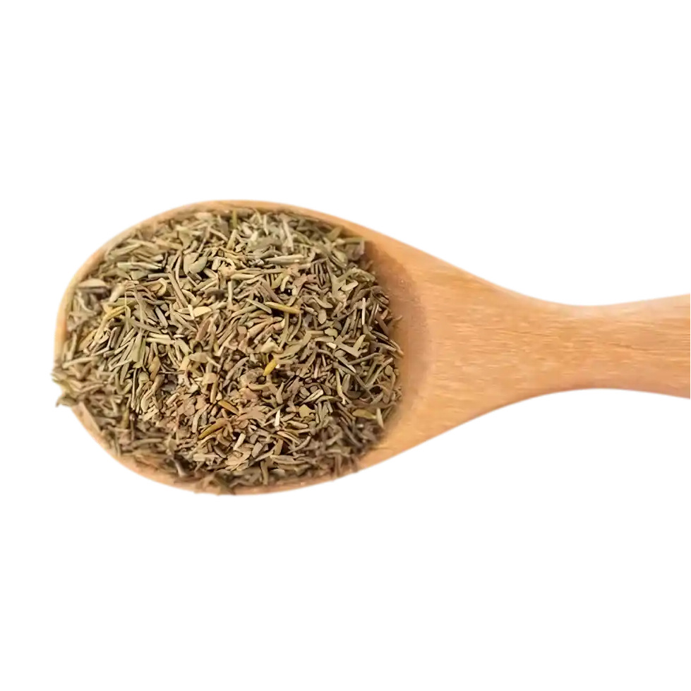 Cuillère en bois remplie d’Herbes de Provence SAMIA, mélange d’herbes séchées idéal pour assaisonnement naturel et parfumé.