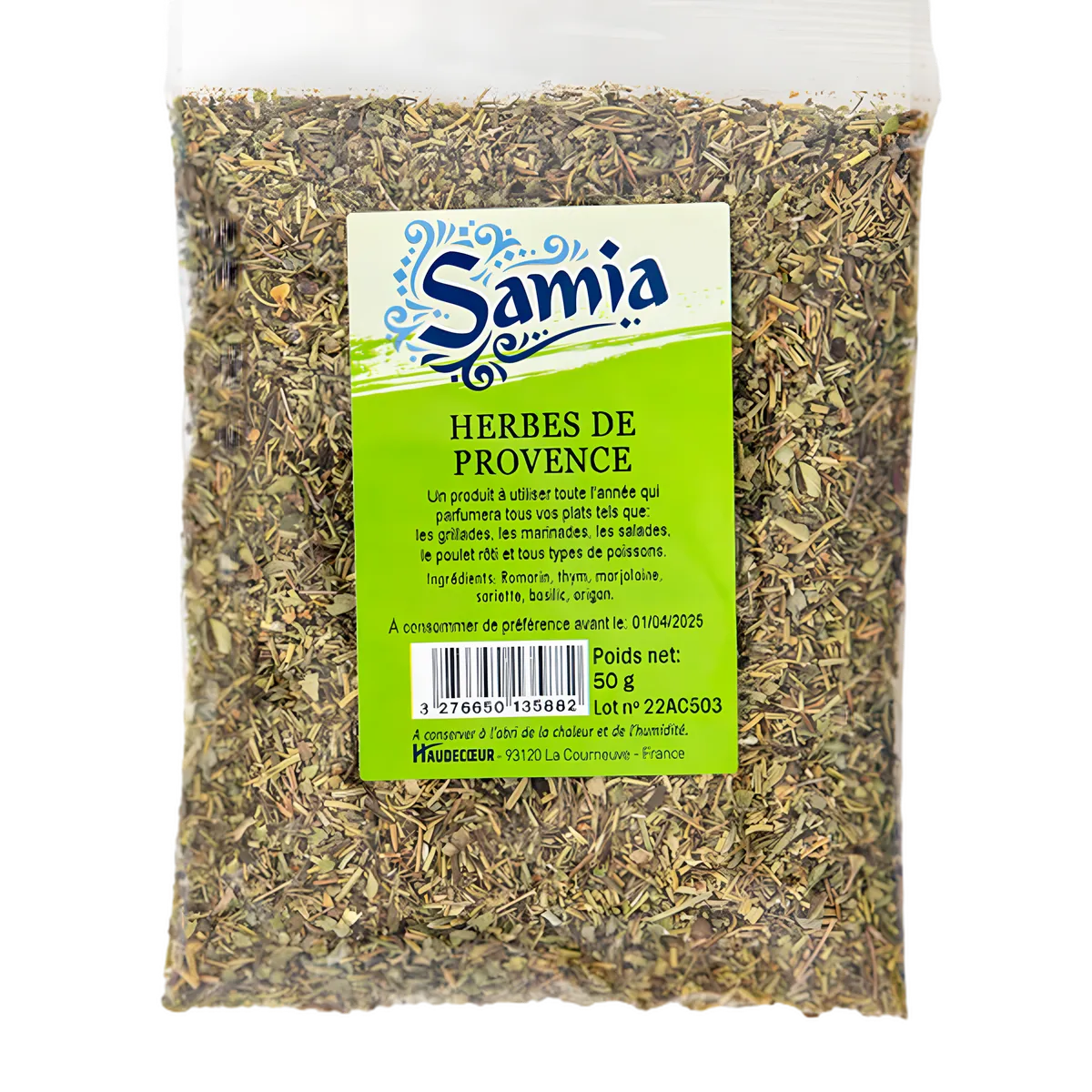 Herbes de Provence SAMIA - Mélange d'herbes authentiques en sachet de 50g, idéal pour assaisonner plats méditerranéens et recettes salées.